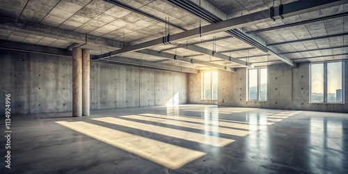 A spacious, unfinished concrete room with large windows, letting in natural light, casting long shadows on the floor.