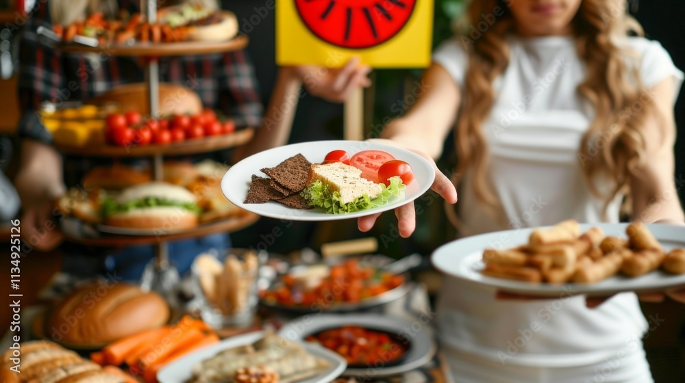 Image shows a vibrant dining event with a buffet full of food. A woman is seen serving herself. Servers and a cheese platter add to the lively atmosphere. Image shows a vibrant dining event with a buffet full of food. A woman is seen serving herself. Servers and a cheese platter add to the lively atmosphere.