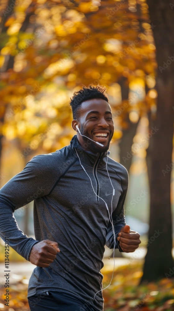 Obraz premium A smiling man in a black shirt runs joyfully in a park with autumn leaves, wearing white earphones. The scene exudes energy and warmth.