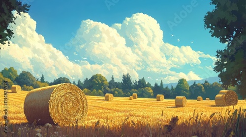 Golden straw bales scattered across a sunlit summer field under a vibrant blue sky and fluffy white clouds photo