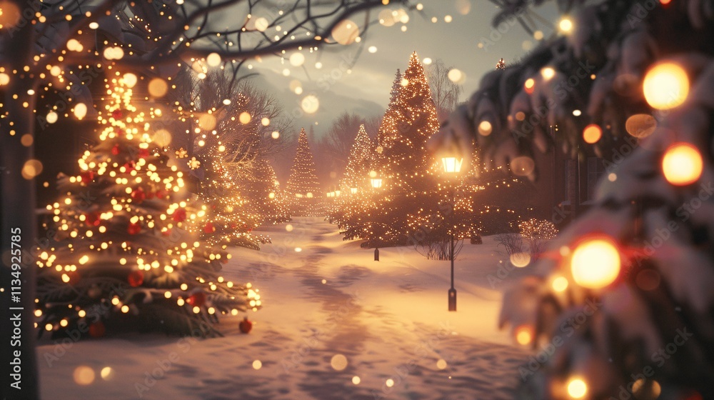 Cozy Winter Park with Christmas Lights and Snowy Pathway at Night