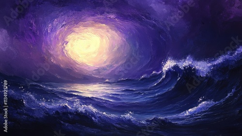 Majestic ocean waves dance under a glowing purple sky as night falls upon the tranquil seaside