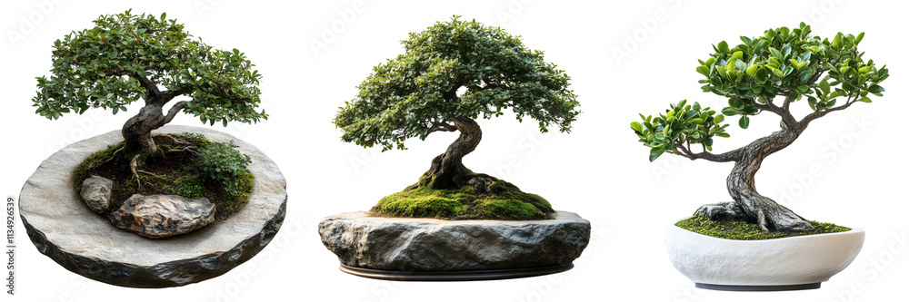 Elegant bonsai tree in a stone pot with lush moss on a transparent background
Elegant bonsai tree in a stone pot with lush moss on a transparent background