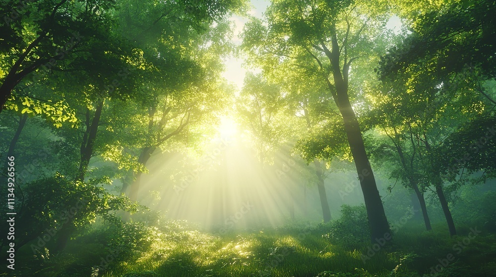 A verdant forest carpeted with emerald foliage, sunlight filtering through the canopy and dappling the forest floor with specks of gold. Concept of rejuvenation and tranquility. Generative Ai. A verdant forest carpeted with emerald foliage, sunlight filtering through the canopy and dappling the forest floor with specks of gold. Concept of rejuvenation and tranquility. Generative Ai.