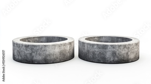 Pair of Large Round Precast Concrete Well Rings Isolated on White Background for Construction and Landscaping Projects