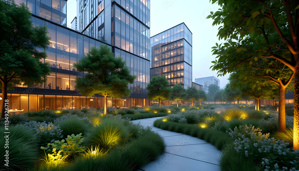 Obraz premium Urban Park Integration with Glass Façades and Green Roofs