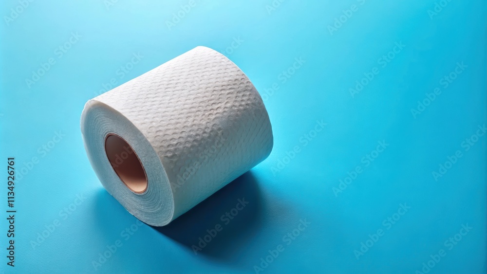 Roll of toilet paper on a blue background, toilet paper, bathroom, hygiene, household item, soft, white, essential, single use Roll of toilet paper on a blue background, toilet paper, bathroom, hygiene, household item, soft, white, essential, single use