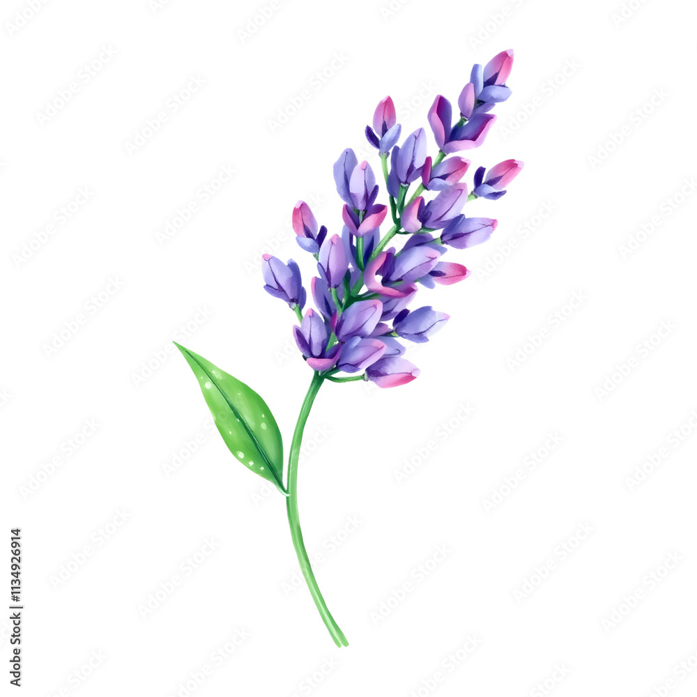 Naklejka premium Lavender flowers painted in purple and green.