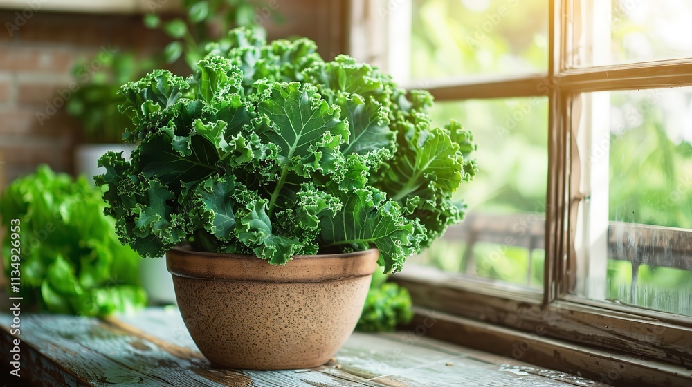 A pot of kale growing on a kitchen window sill over a setting of nature offers an exquisite green image with a verdant plant and space, Generative AI. A pot of kale growing on a kitchen window sill over a setting of nature offers an exquisite green image with a verdant plant and space, Generative AI.