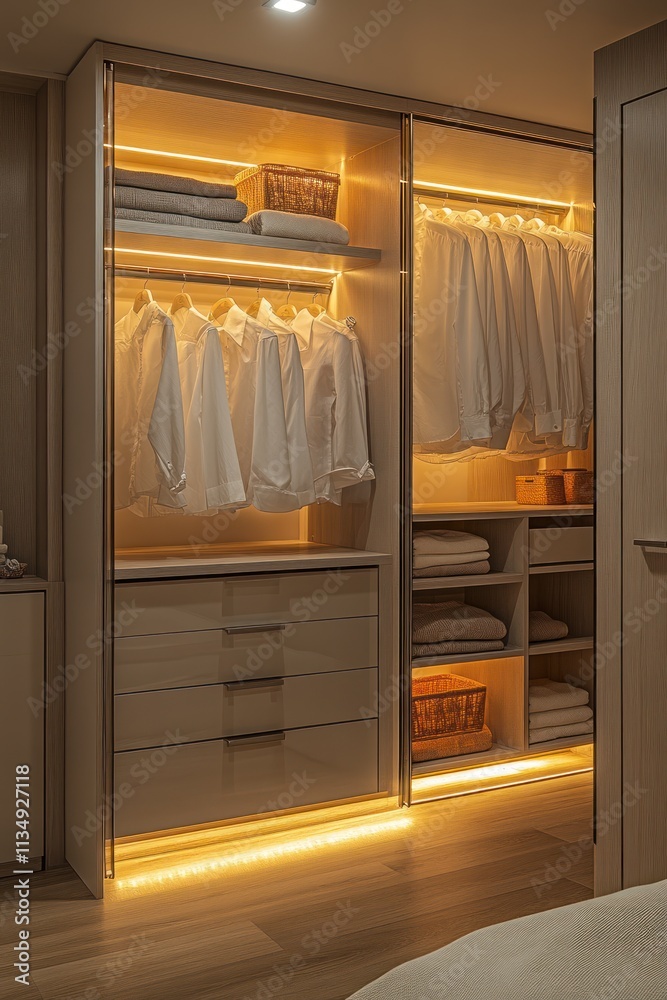 Modern illuminated walk-in closet with clothes neatly organized on shelves and hanging rods. Modern illuminated walk-in closet with clothes neatly organized on shelves and hanging rods.