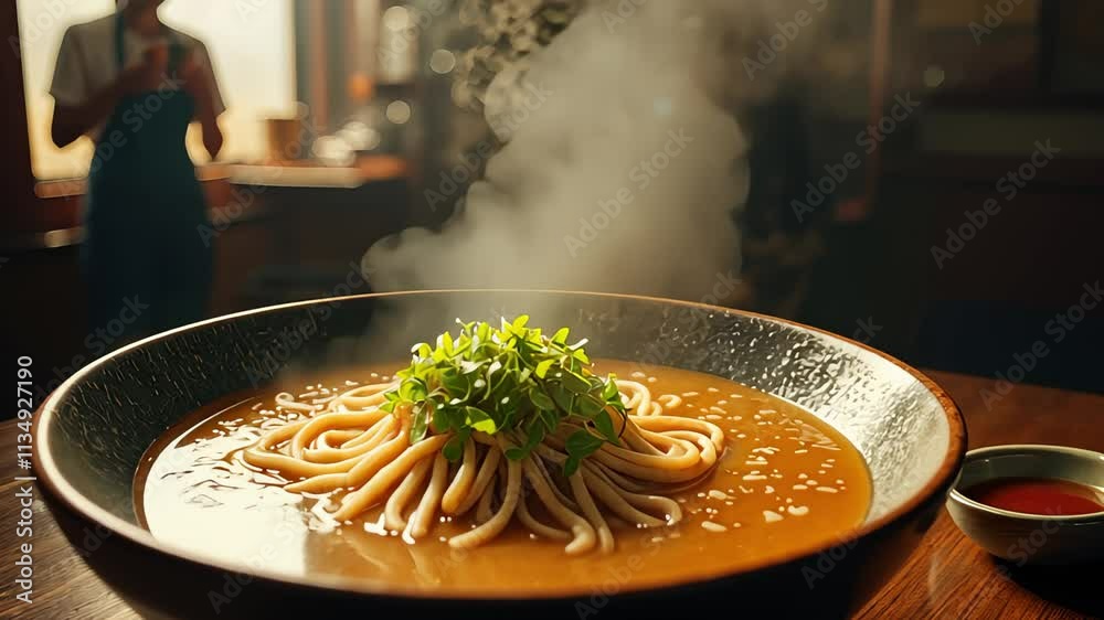 A bowl of udon noodles with fresh herbs in a cozy setting. Food and drink on Japan Day.