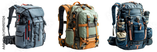 Versatile outdoor backpack with multiple compartments and accessories on a transparent background