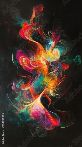 bright forms floating on black background Abstract colorful swirl painting, vibrant energy.