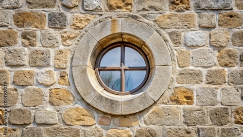 Round window in stone building wall, architectural, design, old, vintage, ancient, historical, architecture, stone, building