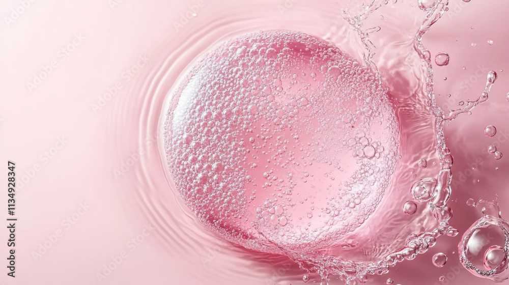Fototapeta premium Bubbles rise and create splashes in a soft pink liquid with airy textures