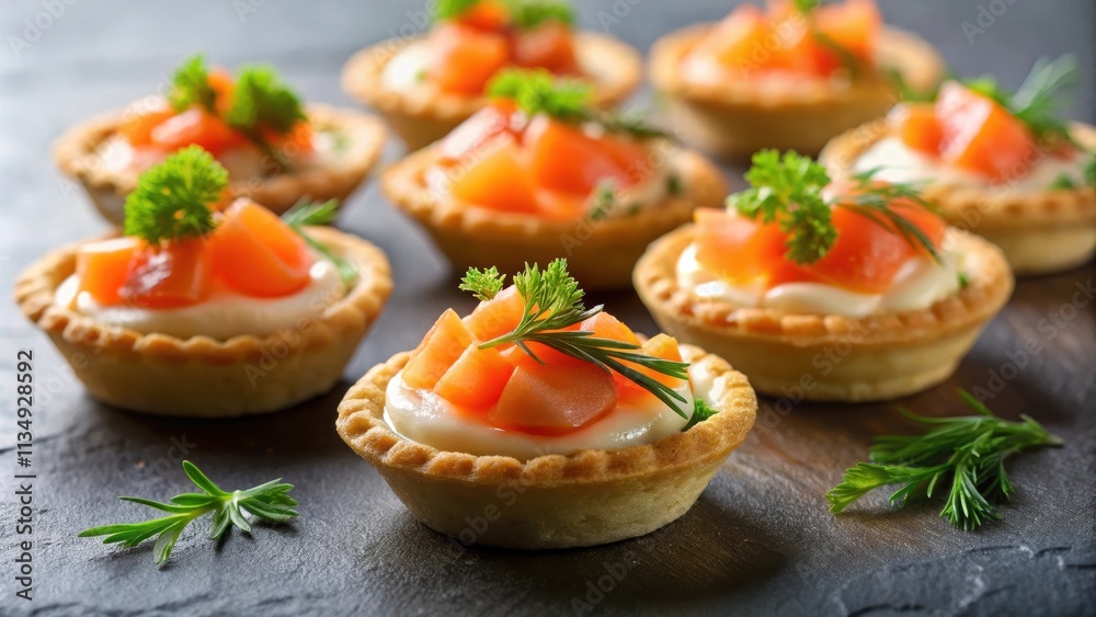 Closeup of delicious gourmet mini tarts with smoked salmon filling , appetizer, food, pastry, savory, snack, baked, flaky Closeup of delicious gourmet mini tarts with smoked salmon filling , appetizer, food, pastry, savory, snack, baked, flaky