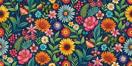 Wallpaper Mural Seamless floral pattern featuring vibrant flowers and foliage, floral, seamless, pattern, flowers, foliage, repeat Torontodigital.ca