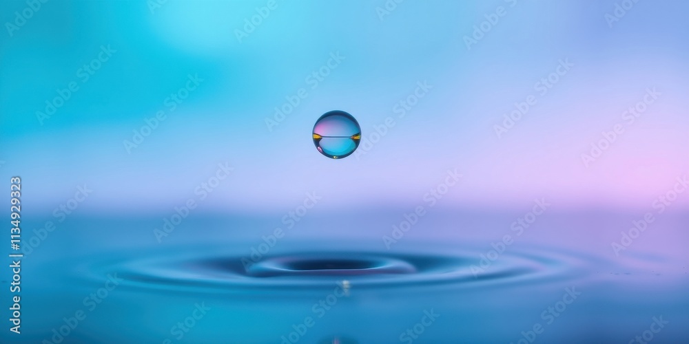 A single water droplet suspended in the air above a rippling blue surface, reflecting the colors of a calming gradient A single water droplet suspended in the air above a rippling blue surface, reflecting the colors of a calming gradient