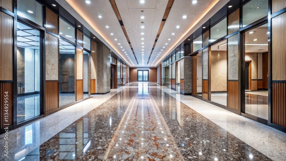 A long, narrow hallway with a polished marble floor, reflecting the light from overhead fixtures, and lined with wood-paneled glass doors. A long, narrow hallway with a polished marble floor, reflecting the light from overhead fixtures, and lined with wood-paneled glass doors.
