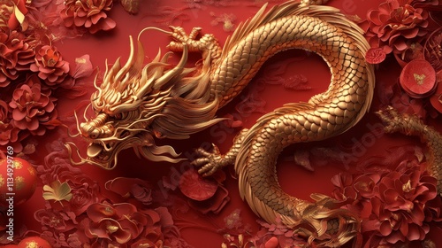 Wallpaper Mural Realistic 3D Golden Dragon Chinese New Year Wallpaper - Celebrate the Year of the Dragon with this stunning 3D wallpaper.  Features a golden dragon, red flowers, auspicious symbols, prosperity, and go Torontodigital.ca