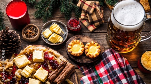 Delicious canadian feast poutine butter tarts and beer on a rustic table in a cozy cabin environment photo