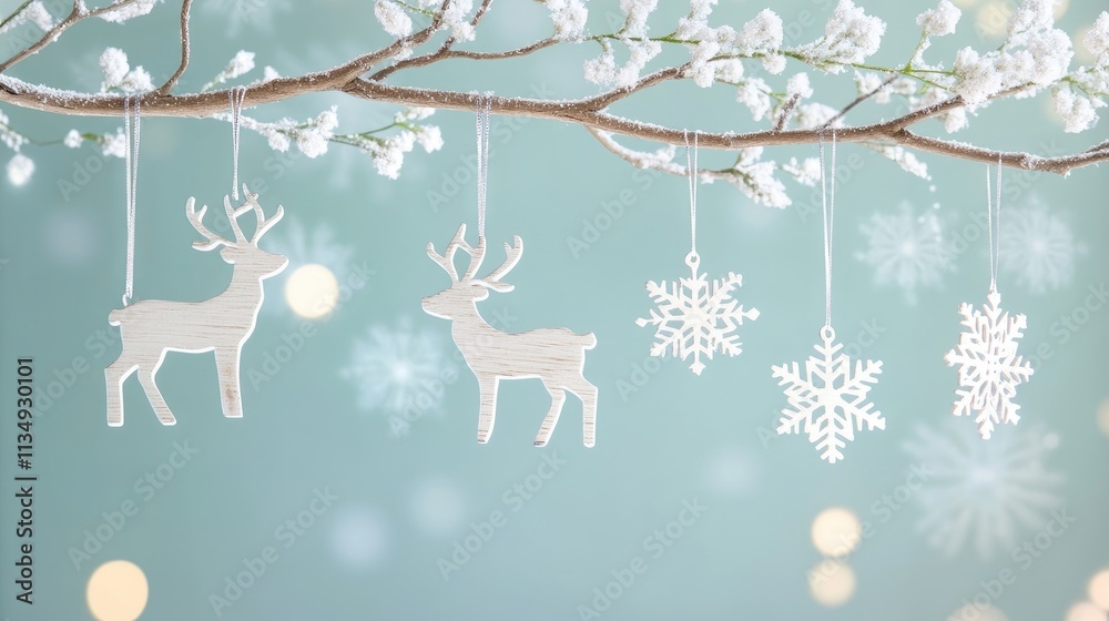 Fototapeta premium Pastel Holiday Decorations Featuring Reindeer and Snowflakes on Branch with Sparkling Lights Ideal for Greeting Cards and Festive Backgrounds