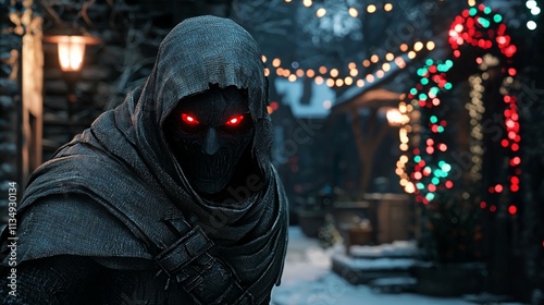 Hooded figure with glowing eyes in snowy village.