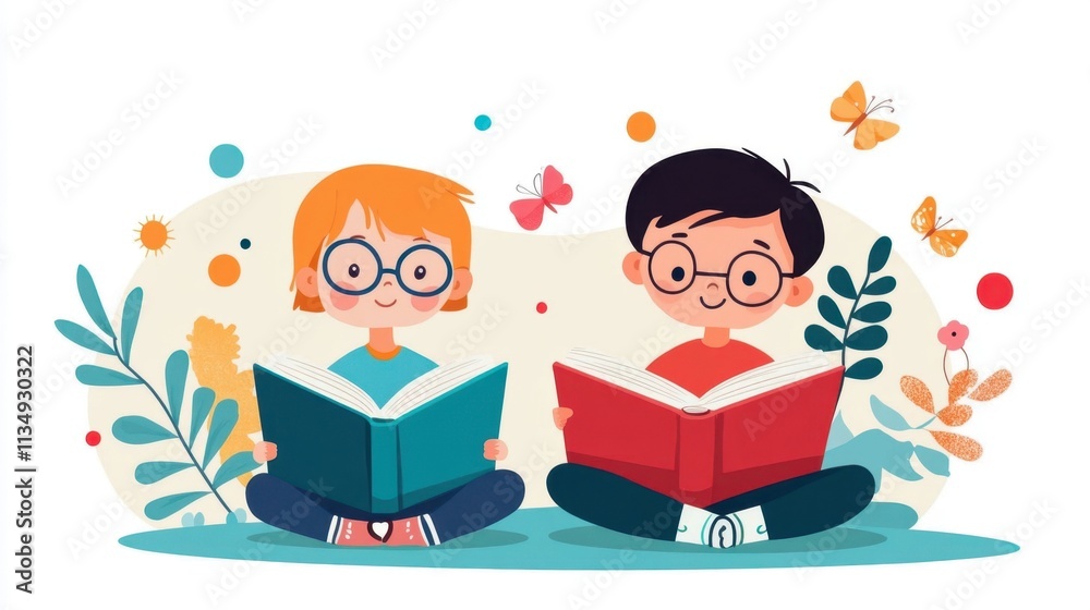 Joyful Children Reading Books Surrounded by Colorful Nature Elements Joyful Children Reading Books Surrounded by Colorful Nature Elements