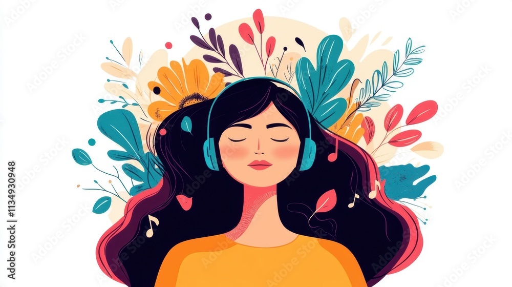 Young Woman Enjoying Music Surrounded by Vibrant Nature Elements Young Woman Enjoying Music Surrounded by Vibrant Nature Elements