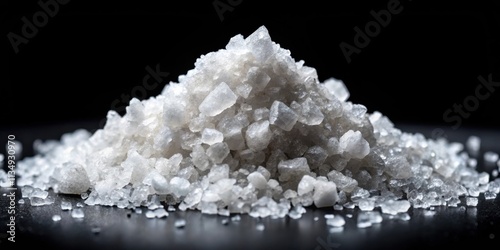 A close-up view of a pile of white salt crystals, isolated against a black background, showcasing their intricate texture and natural beauty