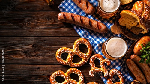 Rustic oktoberfest food and beverage setup with pretzels and beer in a cozy atmosphere photo