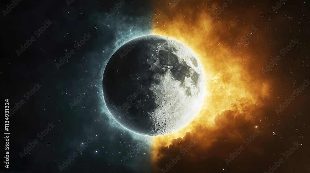 Obraz premium Contrast of Day and Night Depicted with Earth Moon and Sun Highlighting Elements of Light and Darkness in Nature and the Universe