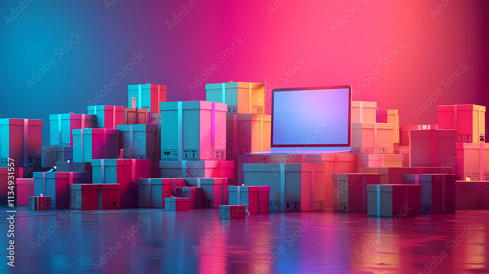 Cyber Monday Shopping Spree: A vibrant display of numerous gift boxes of various sizes and colors surrounds a laptop computer with a blank screen, all bathed in dramatic neon pink and blue lighting. Cyber Monday Shopping Spree: A vibrant display of numerous gift boxes of various sizes and colors surrounds a laptop computer with a blank screen, all bathed in dramatic neon pink and blue lighting.