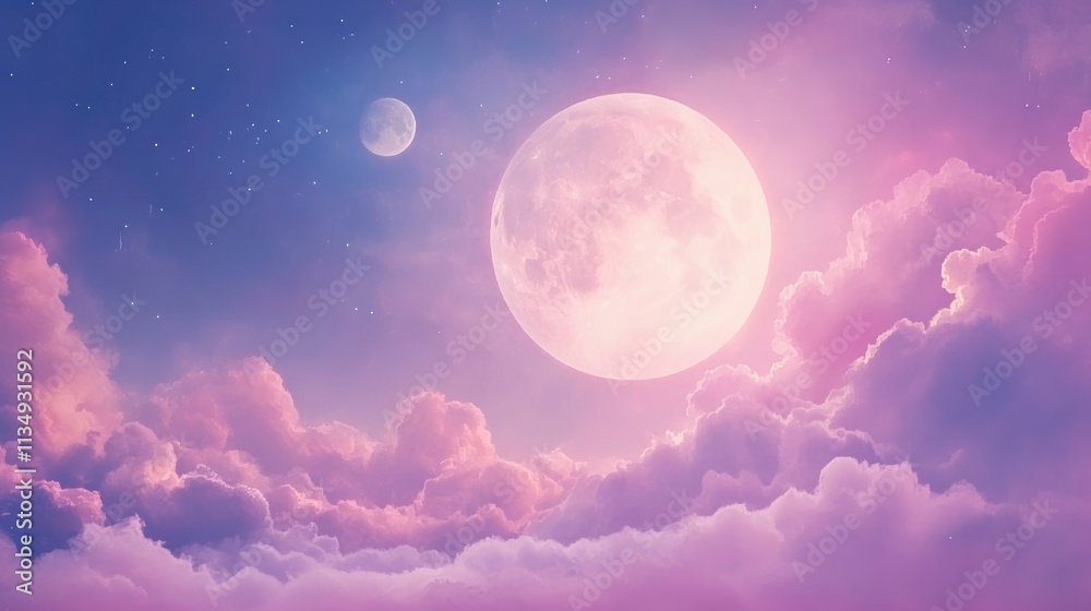 Majestic full moon illuminating a pastel spring sky filled with soft clouds and distant stars Majestic full moon illuminating a pastel spring sky filled with soft clouds and distant stars
