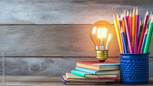 An Illuminated Light Bulb, Pencils, and Books on a Wooden Background

 photo