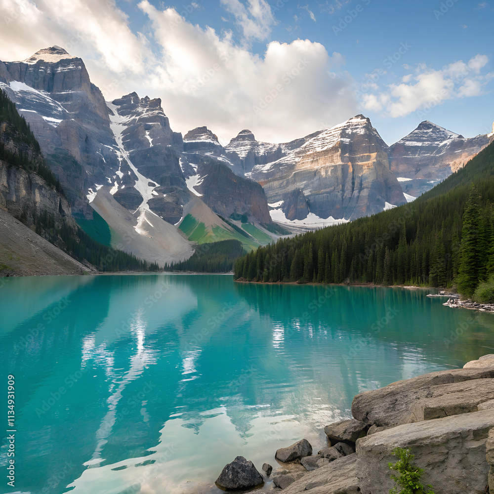 Turquoise lake reflecting towering snow-capped mountains in serene natural landscape Turquoise lake reflecting towering snow-capped mountains in serene natural landscape
