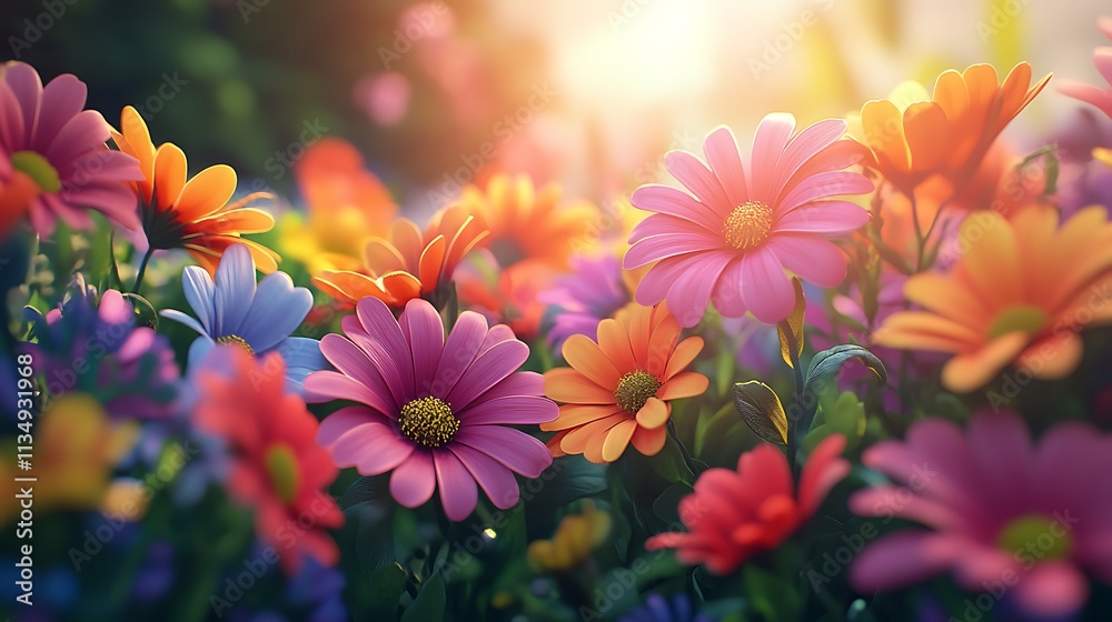 Fototapeta premium Vibrant flower field sunny garden nature photography outdoor scene