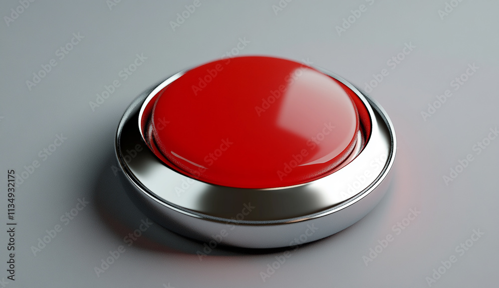 red button with a silver rim on a grey background