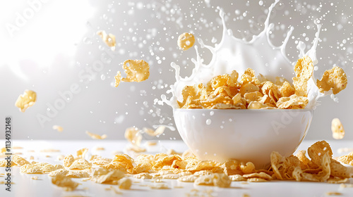 Milk Splash on Cereal: A bowl of breakfast cereal bursts with a frothy wave of milk, capturing the invigorating energy and joy of a perfect morning meal. Cereal pieces are suspended in mid-air.