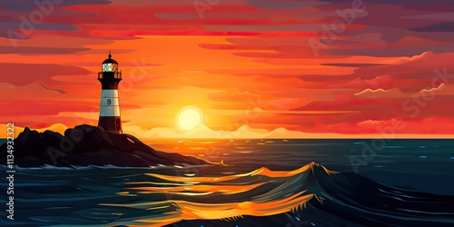 Lighthouse tower with a beam of light. Ocean sunset background scene. Nautical marine scene photo