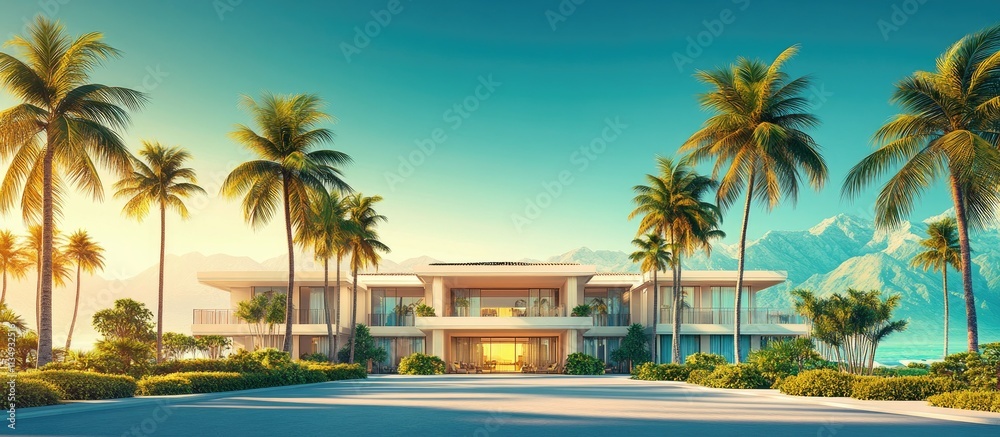 Fototapeta premium Luxury beachfront villa at sunset.
