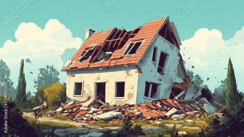 Demolished house in an urban setting with visible damage and debris surrounding a once vibrant home under a clear blue sky photo