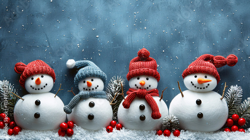 Cute Knitted Snowmen on Snowy Blue Background 