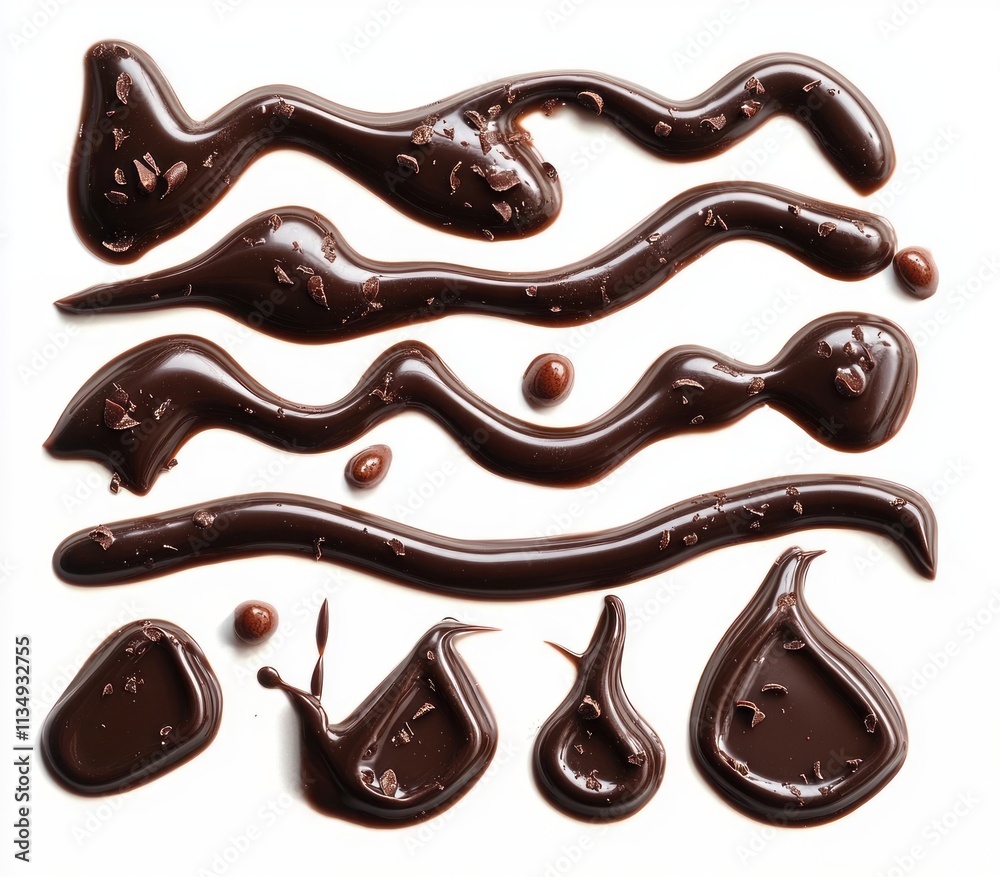 Melted Chocolate Art Drizzled on White Surface Top View Abstract Patterns