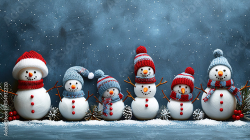 Cute Knitted Snowmen on Snowy Blue Background 