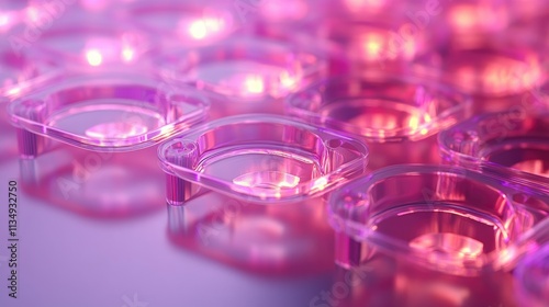 96 well microtiter plate illuminated in pink for medical diagnostics and life science research with liquid contents in laboratory setting photo