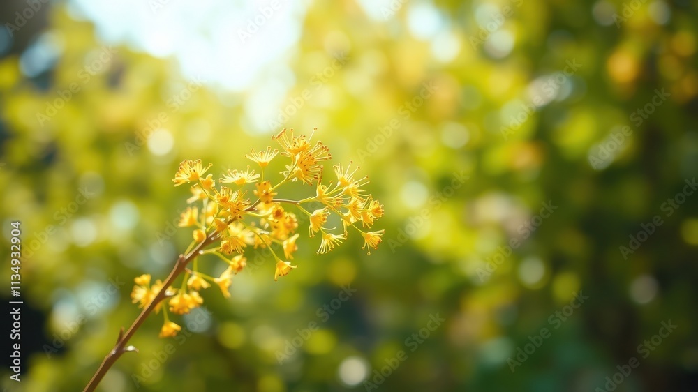 Delicate yellow flowers bloom on a branch against a backdrop of sun-dappled green foliage, showcasing the vibrant beauty of spring. Delicate yellow flowers bloom on a branch against a backdrop of sun-dappled green foliage, showcasing the vibrant beauty of spring.