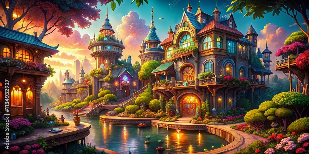 Obraz premium Enchanting Architectural Photography of a Pixel Art Magic Set in a Vibrant Fantasy Realm, Combining Modern Design with Whimsical Elements and Colorful Aesthetics for Visual Storytelling