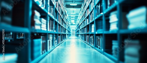 This software allows users to Neat and orderly blue bookshelves line a long library corridor