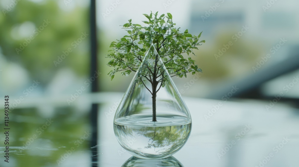 Small tree in teardrop glass vase. Small tree in teardrop glass vase.